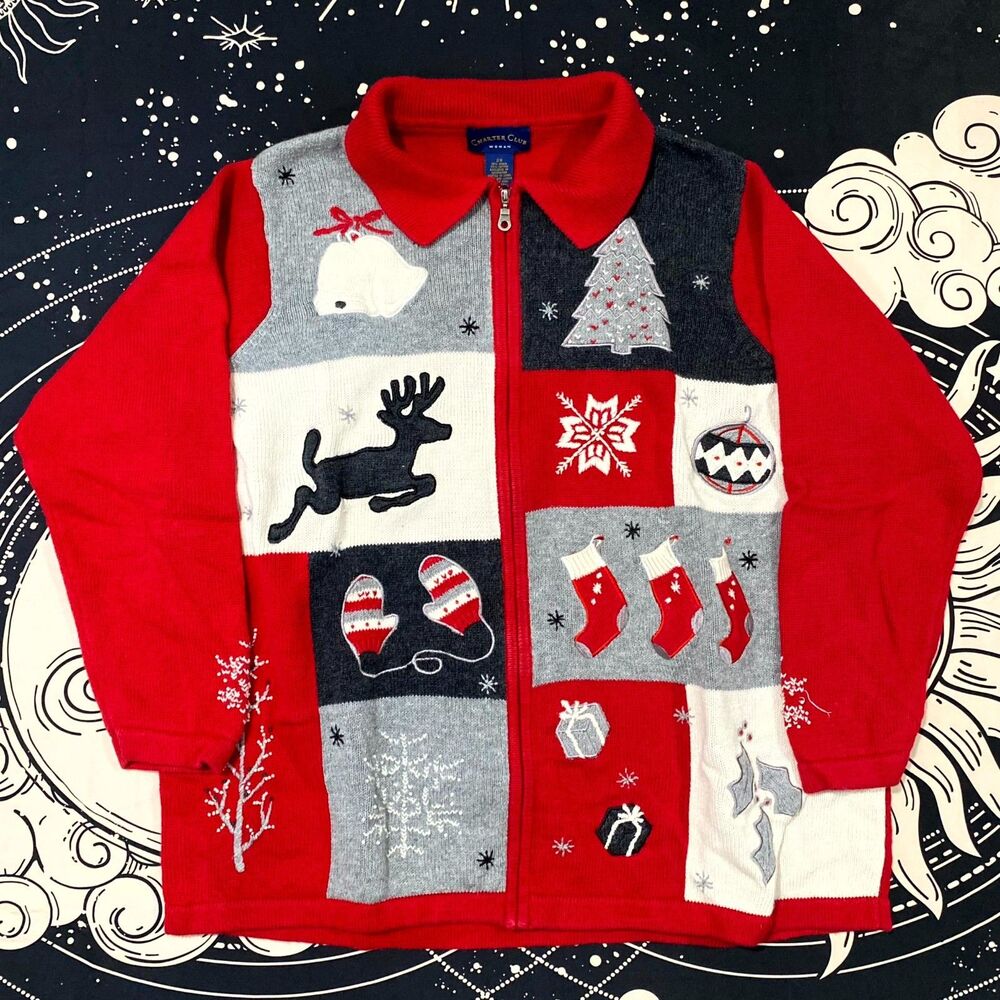 Charter Club Cardigan Sweater Women's 2X Red Knit Ramie Ugly Christmas Patchwork